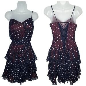 Vintage 80s 90s I. Magnin Ruffle Part Dress Small Navy Polka Dot Tiered Corset
